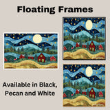 Magical Christmas Night with Moonlit Hills and Red Cabins – Folk Art Winter Wonderland Scene on Ready to Hang 1.5" Thick Canvas Wrap, Floating Framed Canvas, Flat Rolled Canvas