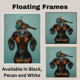 Playful Black and Tan Dachshund with Colorful Bird on Head Whimsical Pet Illustration for Nursery or Kids Room Fun Art Print for Dog and Animal Lovers on Ready to Hang 1.5" Thick Canvas Wrap, Floating Framed Canvas, Flat Rolled Canvas