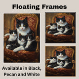 Elegant Victorian Gathering: Tuxedo Cat Mom with Four Kittens on a European Sofa on Ready to Hang 1.5" Thick Canvas Wrap, Floating Framed Canvas, Flat Rolled Canvas
