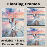 Happy Dog Running on Beach at Sunset in Watercolor with Ocean Waves and Colorful Sky for Pet and Coastal Art Lovers on Ready to Hang 1.5" Thick Canvas Wrap, Floating Framed Canvas, Flat Rolled Canvas