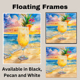 Pina Colada Tropical Drink Watercolor Painting with Pineapple Slice and Flower on Beach at Sunset on Ready to Hang 1.5" Thick Canvas Wrap, Floating Framed Canvas, Flat Rolled Canvas