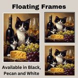 Wine and Whiskers: Tuxedo Cat Mom and Kittens Among Grapes and Cheese on Ready to Hang 1.5" Thick Canvas Wrap, Floating Framed Canvas, Flat Rolled Canvas
