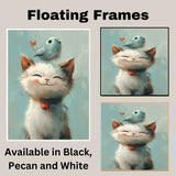 Sweet Painting of a Smiling Kitten with a Blue Bird on Its Head and Red Bell Collar Perfect for Whimsical Nursery Decor or a Gift for Cat and Animal Lovers on Ready to Hang 1.5" Thick Canvas Wrap, Floating Framed Canvas, Flat Rolled Canvas