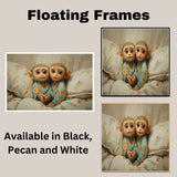 Precious Painting of Two Baby Monkeys in Colorful Pajamas Cuddled Close on Soft Floral Bedding with Big Eyes and Sweet Expressions in a Cozy Setting on Ready to Hang 1.5" Thick Canvas Wrap, Floating Framed Canvas, Flat Rolled Canvas