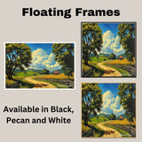 Winding Country Road with Barn and Fields Under Blue Sky – Sunny Summer Folk Art Landscape Print on Ready to Hang 1.5" Thick Canvas Wrap, Floating Framed Canvas, Flat Rolled Canvas