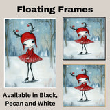 Whimsical Christmas Girl Ice Skating in Red Antler Hat and Dress Cute Fantasy Winter Art Print or Canvas for Holiday Decor and Collectors on Ready to Hang 1.5" Thick Canvas Wrap, Floating Framed Canvas, Flat Rolled Canvas
