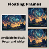 Patriotic Village Under Swirling Starry Sky – 4th of July Folk Art Print on Ready to Hang 1.5" Thick Canvas Wrap, Floating Framed Canvas, Flat Rolled Canvas