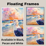 Watercolor Seagull by Ocean Waves with Vibrant Sunset Sky in a Coastal Wildlife Seaside Scene on Ready to Hang 1.5" Thick Canvas Wrap, Floating Framed Canvas, Flat Rolled Canvas