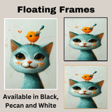 Playful Blue Cat with Cute Yellow Bird on Head Fun Animal Illustration for Nursery Kids Room and Pet Lovers Adorable Gift for Cat and Bird Fans on Ready to Hang 1.5" Thick Canvas Wrap, Floating Framed Canvas, Flat Rolled Canvas