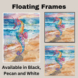 Watercolor Painting of a Colorful Seahorse by the Sea with Ocean Waves and Sandy Shoreline on Ready to Hang 1.5" Thick Canvas Wrap, Floating Framed Canvas, Flat Rolled Canvas