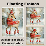 Whimsical Christmas Deer Ice Skating Red Scarf and Santa Hat Winter Animal Illustration for Holiday Wall Decor Nursery or Woodland Themed Room on Ready to Hang 1.5" Thick Canvas Wrap, Floating Framed Canvas, Flat Rolled Canvas