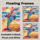Watercolor Painting of Colorful Dolphin on Sandy Shore with Ocean Waves and Sunset Sky in Bright Orange Blue and Pink Hues on Ready to Hang 1.5" Thick Canvas Wrap, Floating Framed Canvas, Flat Rolled Canvas