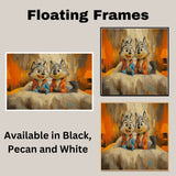 Adorable Painting of Two Playful Cartoon Wolves in Pajamas with Bright Expressions Sitting on a Bed in a Warm Whimsical Bedroom Scene for Kids and Families on Ready to Hang 1.5" Thick Canvas Wrap, Floating Framed Canvas, Flat Rolled Canvas