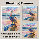 Watercolor Painting of Pelican on Beach with Sunset Sky and Ocean Waves Reflected in Sand on Ready to Hang 1.5" Thick Canvas Wrap, Floating Framed Canvas, Flat Rolled Canvas