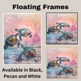 Abstract Watercolor of Three Sea Turtles Swimming Over Ocean Waves with Textured Pastel and Splash Background on Ready to Hang 1.5" Thick Canvas Wrap, Floating Framed Canvas, Flat Rolled Canvas