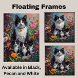Springtime Blossoms: Tuxedo Cat Mom and Three Kittens in a Floral Wonderland on Ready to Hang 1.5" Thick Canvas Wrap, Floating Framed Canvas, Flat Rolled Canvas