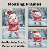 Adorable Christmas Pig Ice Skating in Red Plaid Dress and Santa Hat – Whimsical Winter Nursery Wall Art, Festive Farm Animal Decor or Cute Holiday Gift on Ready to Hang 1.5" Thick Canvas Wrap, Floating Framed Canvas, Flat Rolled Canvas