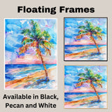 Colorful Palm Tree at Sunset by the Ocean Watercolor Painting Beach Scene on Ready to Hang 1.5" Thick Canvas Wrap, Floating Framed Canvas, Flat Rolled Canvas