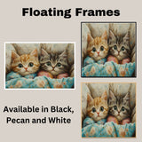 Painting of Two Cute Kittens Snuggled in Colorful Floral Blankets with Big Eyes and Soft Fur in a Cozy Bed Surrounded by Pillows in a Warm Whimsical Setting on Ready to Hang 1.5" Thick Canvas Wrap, Floating Framed Canvas, Flat Rolled Canvas