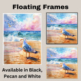 Watercolor Painting of a Seagull on the Beach with Rolling Ocean Waves and Colorful Sky at Sunset in a Coastal Scene on Ready to Hang 1.5" Thick Canvas Wrap, Floating Framed Canvas, Flat Rolled Canvas