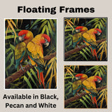 Jungle Parrot Pair Artwork Featuring Red and Yellow Feathers with Green Wings Perched on a Branch in a Lush Tropical Setting with Stylized Foliage on Ready to Hang 1.5" Thick Canvas Wrap, Floating Framed Canvas, Flat Rolled Canvas
