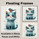 Adorable Blue Kitten with Big Eyes and Red-Breasted Bird on Head Whimsical Animal Illustration for Kids Room or Nursery Cute Art for Pet and Bird Lovers on Ready to Hang 1.5" Thick Canvas Wrap, Floating Framed Canvas, Flat Rolled Canvas