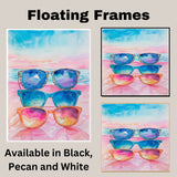 Watercolor Painting of Three Colorful Sunglasses with Ocean Beach Background in Vibrant Summer Tones on Ready to Hang 1.5" Thick Canvas Wrap, Floating Framed Canvas, Flat Rolled Canvas