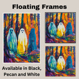 Three Colorful Ghosts in a Vivid Abstract Forest, Bold Halloween-Inspired Artwork with Bright Brushstrokes and Surreal Fantasy Atmosphere on Ready to Hang 1.5" Thick Canvas Wrap, Floating Framed Canvas, Flat Rolled Canvas