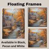 Autumn Stream Running by the Cottage – Rustic Fall Landscape Oil Painting Print on Ready to Hang 1.5" Thick Canvas Wrap, Floating Framed Canvas, Flat Rolled Canvas