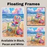 Watercolor Painting of Colorful Floral Beach Chair with Sunglasses and Bag on Sand Overlooking Ocean Waves and Sky on Ready to Hang 1.5" Thick Canvas Wrap, Floating Framed Canvas, Flat Rolled Canvas