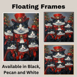 Festive Whiskers: Tuxedo Cat Mom with Five Kittens Adorned in Red Ribbons on Ready to Hang 1.5" Thick Canvas Wrap, Floating Framed Canvas, Flat Rolled Canvas