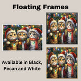 Painting of Three Cute Christmas Cats Wearing Santa Hats and Scarves Holding Colorful Holiday Lights with a Festive Pine Tree Background and Cheerful Expressions on Ready to Hang 1.5" Thick Canvas Wrap, Floating Framed Canvas, Flat Rolled Canvas