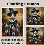 Shadowed Enchantment: Tuxedo Witch Mom and Three Kittens in a Haunted Forest on Ready to Hang 1.5" Thick Canvas Wrap, Floating Framed Canvas, Flat Rolled Canvas