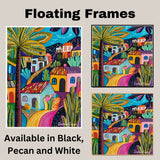 Vibrant Folk Art Canvas – Bold Colors and Abstract Village with Cacti and Palm Trees on Ready to Hang 1.5" Thick Canvas Wrap, Floating Framed Canvas, Flat Rolled Canvas