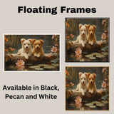Two Adorable Fluffy Puppies by a Lily Pond with Flowers, Impressionist Style Painting, Peaceful Nature Scene with Water Reflections and Blossoms on Ready to Hang 1.5" Thick Canvas Wrap, Floating Framed Canvas, Flat Rolled Canvas