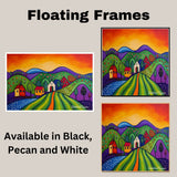 Vibrant Christmas Hillside with Whimsical Homes, Colorful Trees, and a Radiant Sunset in Bold Folk Art Style on Ready to Hang 1.5" Thick Canvas Wrap, Floating Framed Canvas, Flat Rolled Canvas