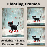 Christmas Wall Art Featuring Black Cat in Red Skates Gliding on Ice in Snowy Forest Whimsical Holiday Illustration Perfect for Cat Lovers and Winter Home Decor on Ready to Hang 1.5" Thick Canvas Wrap, Floating Framed Canvas, Flat Rolled Canvas
