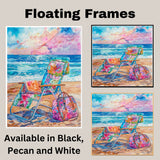 Watercolor Painting of Colorful Reclining Beach Chair with Floral Bag and Blanket on Sand Overlooking Ocean at Sunset on Ready to Hang 1.5" Thick Canvas Wrap, Floating Framed Canvas, Flat Rolled Canvas