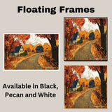 Charming Country Road in Autumn with Cozy Cottages and Foliage – Rustic Folk Art Landscape on Ready to Hang 1.5" Thick Canvas Wrap, Floating Framed Canvas, Flat Rolled Canvas