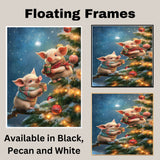 Two Baby Piglets in Cozy Scarves Holding Cocoa on Snowy Christmas Tree with Ornaments and Lights Holiday Art Print for Nursery or Festive Winter Decor on Ready to Hang 1.5" Thick Canvas Wrap, Floating Framed Canvas, Flat Rolled Canvas