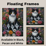 Blooming Whiskers: Tuxedo Cat Mom and Three Kittens in a Vibrant Spring Meadow on Ready to Hang 1.5" Thick Canvas Wrap, Floating Framed Canvas, Flat Rolled Canvas