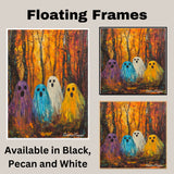 Colorful Ghosts in Autumn Forest – Whimsical Halloween Wall Art on Ready to Hang 1.5" Thick Canvas Wrap, Floating Framed Canvas, Flat Rolled Canvas
