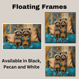 Whimsical Painting of Two Raccoons in Bright Pajamas Sitting on a Bed with Soft Pillows and a Colorful Blanket in a Cozy Setting with Expressive Faces on Ready to Hang 1.5" Thick Canvas Wrap, Floating Framed Canvas, Flat Rolled Canvas