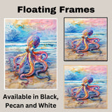 Watercolor Painting of a Multicolored Octopus on Seashore with Waves and Sky in Vivid Coastal Marine Scene on Ready to Hang 1.5" Thick Canvas Wrap, Floating Framed Canvas, Flat Rolled Canvas