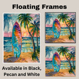 Watercolor Painting of Multicolored Surfboard at Tropical Beach Sunset with Palm Trees on Ready to Hang 1.5" Thick Canvas Wrap, Floating Framed Canvas, Flat Rolled Canvas