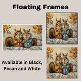 Charming Painting of Two Squirrels in Colorful Hoodies Sitting in a Cozy Autumn Setting Surrounded by Blankets and Golden Leaves with Whimsical Expressions on Ready to Hang 1.5" Thick Canvas Wrap, Floating Framed Canvas, Flat Rolled Canvas