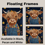 Highland Cow Wall Art Happy Cow in Overalls with Flowers Whimsical Rustic Farmhouse Decor for Kids Room Bedroom or Gift for Cow and Animal Art Lovers on Ready to Hang 1.5" Thick Canvas Wrap, Floating Framed Canvas, Flat Rolled Canvas