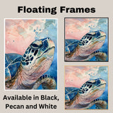 Close-Up Watercolor Sea Turtle Portrait with Blue and Pink Abstract Ocean Sky Background in Coastal Marine Art Print on Ready to Hang 1.5" Thick Canvas Wrap, Floating Framed Canvas, Flat Rolled Canvas