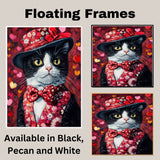 Love & Grace: Tuxedo Cat in a Heart-Adorned Floral Hat and Suit - Sophisticated Valentine's Painting on Ready to Hang 1.5" Thick Canvas Wrap, Floating Framed Canvas, Flat Rolled Canvas