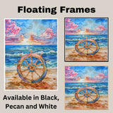 Watercolor Painting of a Nautical Ship Wheel on Beach with Ocean Waves and Sunset in Pink Blue and Golden Sky Background on Ready to Hang 1.5" Thick Canvas Wrap, Floating Framed Canvas, Flat Rolled Canvas